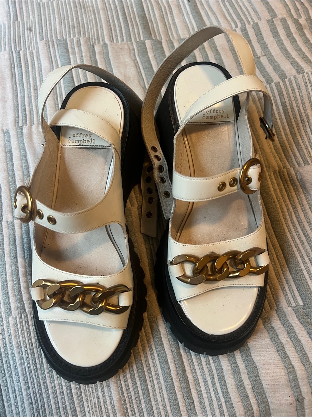 Jeffrey Campbell Cream Leather Platform Sandals with Gold Chain
